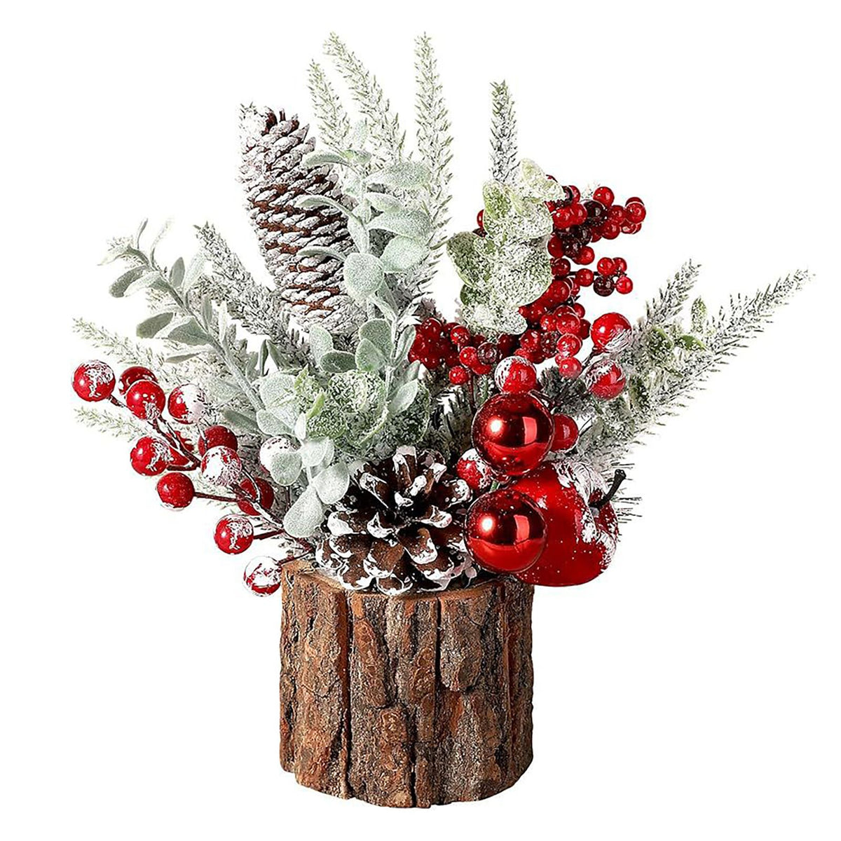 Small Tabletop Xmas Tree Artificial Mini Xmas Tree Decorations with Berry Pinecone Greenery Ball Flocked Tabletop Xmas Tree for Home Party Type A