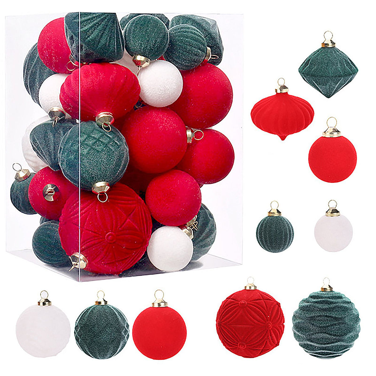 35Pcs Velvet Ball Decorative Hanging Ornament Festival Tree Ball Holiday Decoration Set Tree Pendant Red Green White