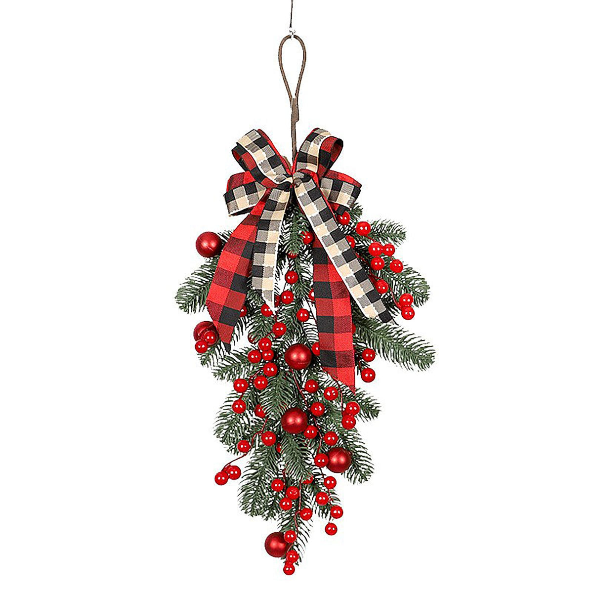 Xmas Teardrop Swags Winter Rustic Artificial Hanging Garland Greenery with Pine Cones Bow Red Berries for Wall Door Decor