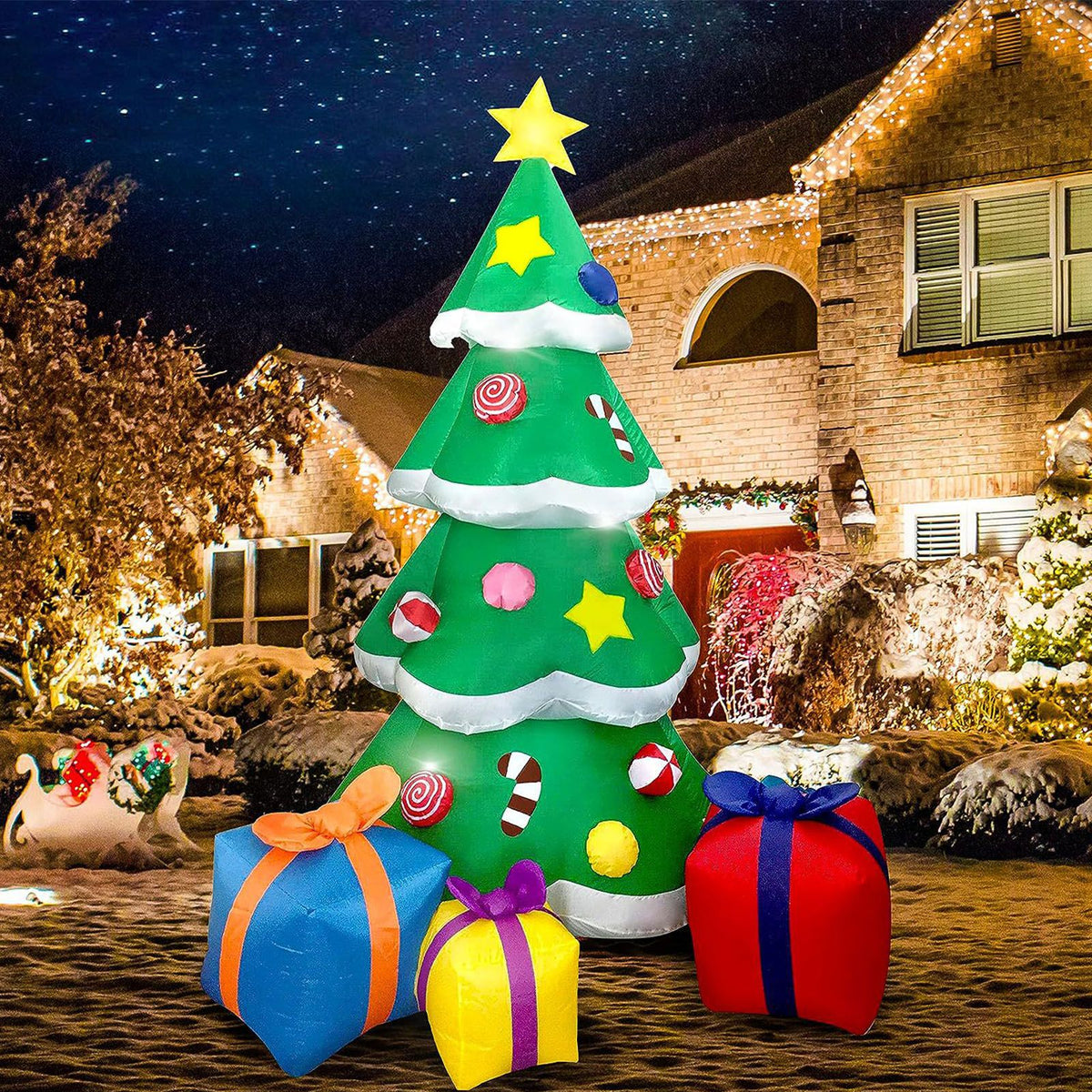 Inflatable Xmas Tree with LED Light Quick Inflation Soft Warm Lighting Blow Up Xmas Tree Holiday Decor