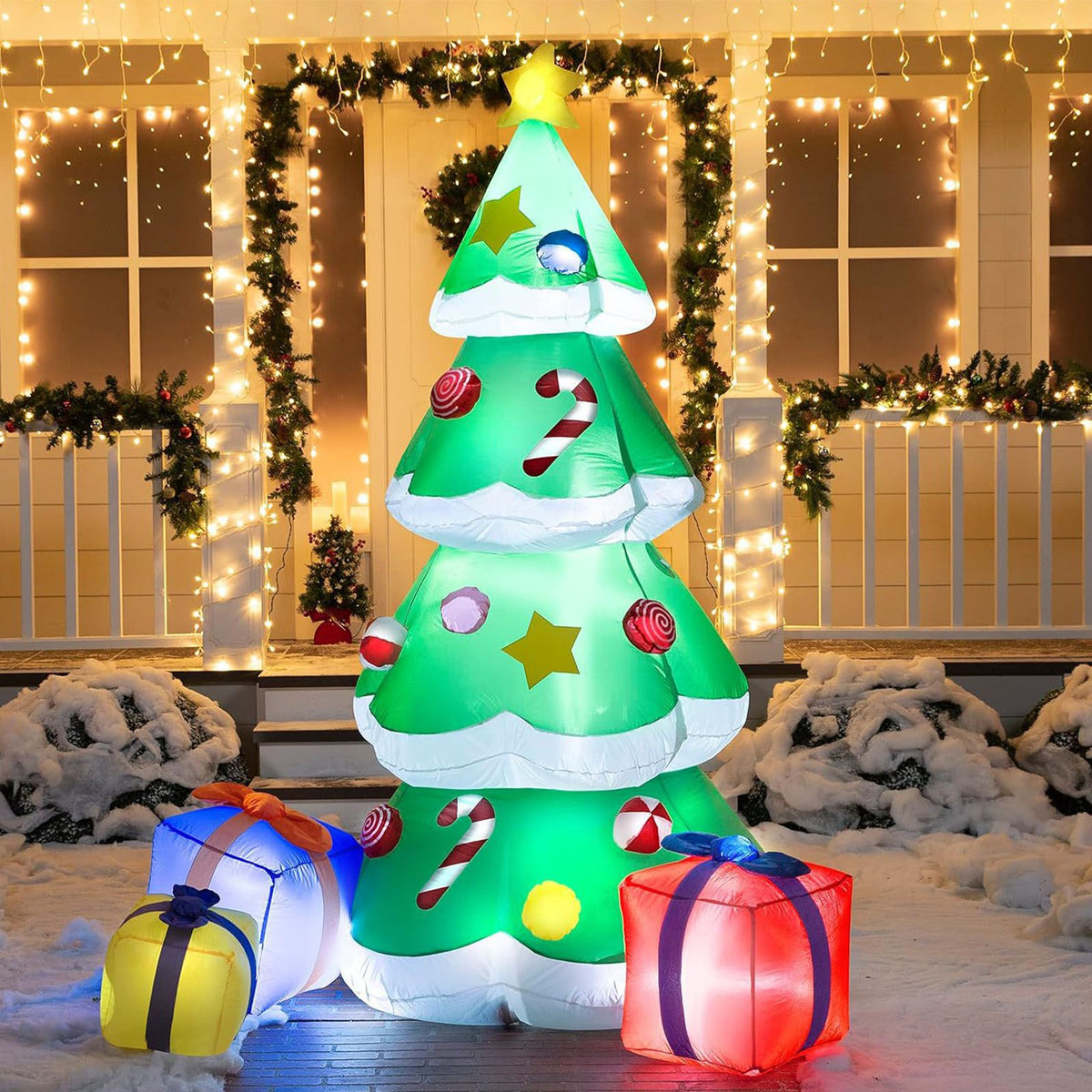 Inflatable Xmas Tree with LED Light Quick Inflation Soft Warm Lighting Blow Up Xmas Tree Holiday Decor