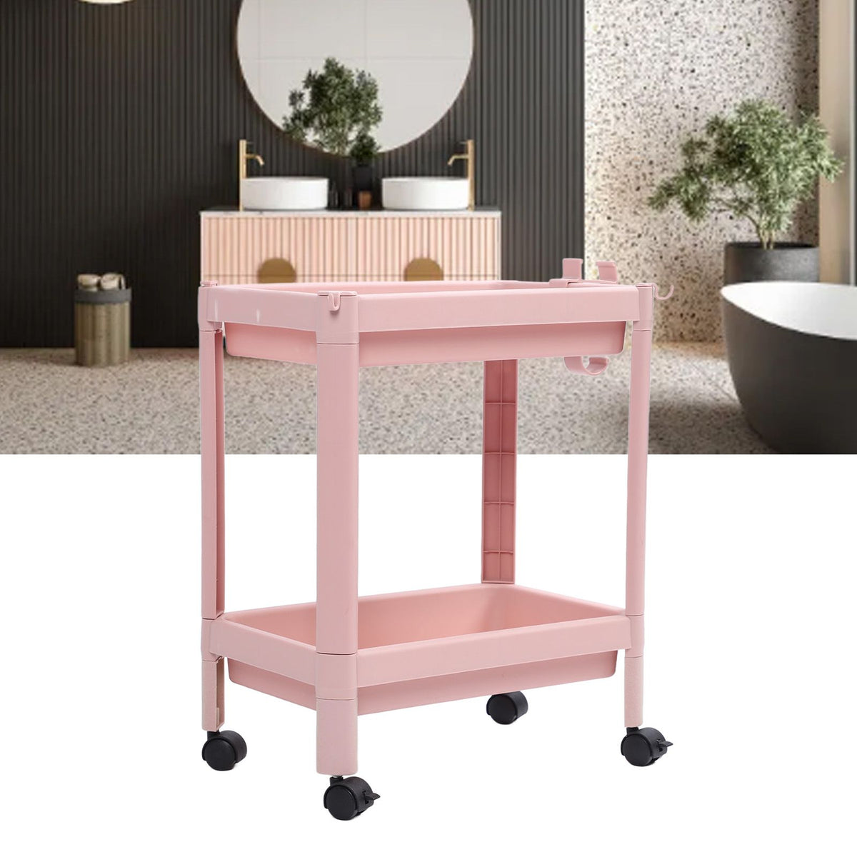 Bathroom Floor Storage Shelf Multi Layer Stable Durable Standing Shelf Unit Freestanding Corner Rack Shelves Pink 2 Layers (with Wheels)
