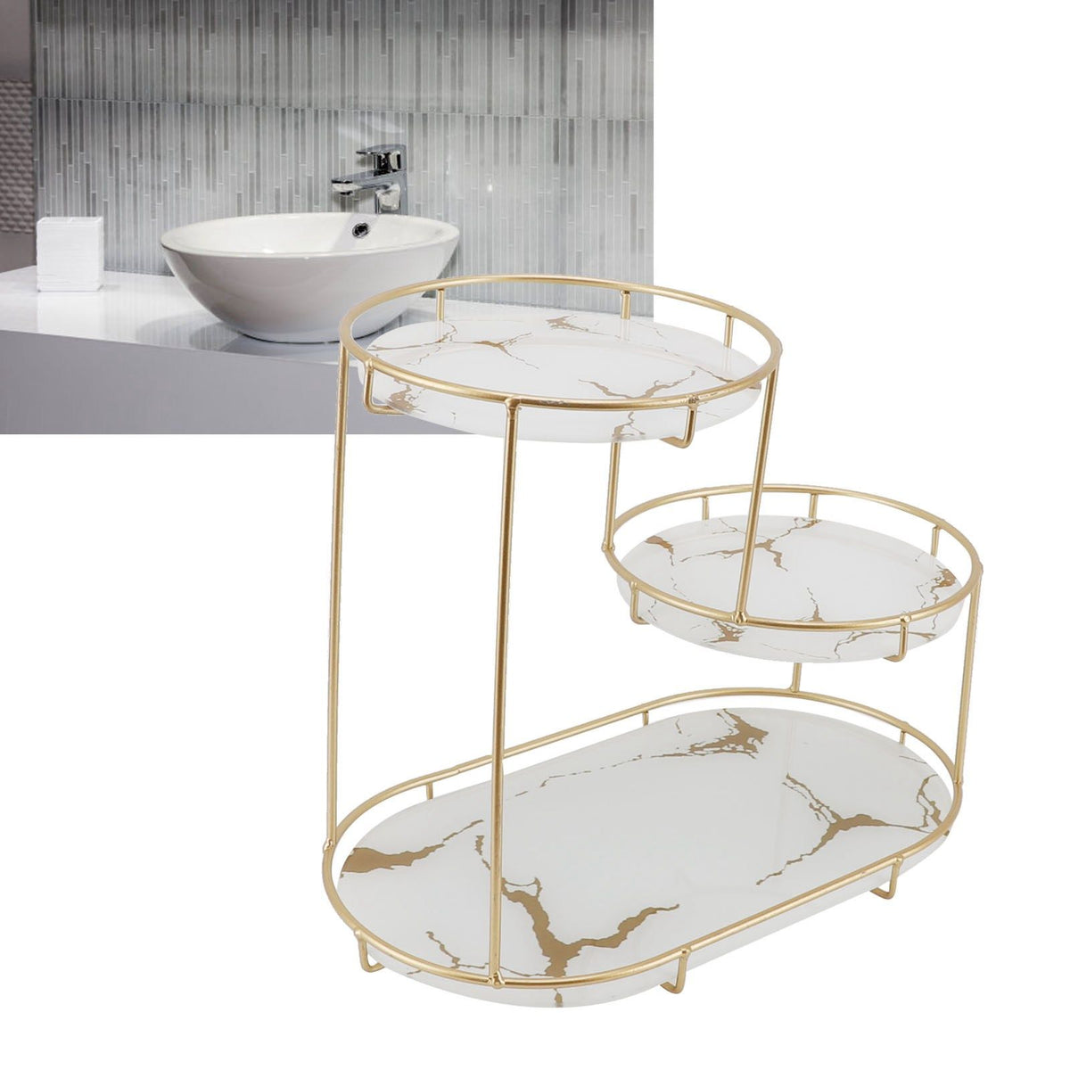 Makeup Shelf Organizer Iron Glass Stylish Modern Bathroom Countertop Organizer for Cosmetic Perfume Skincare White Background
