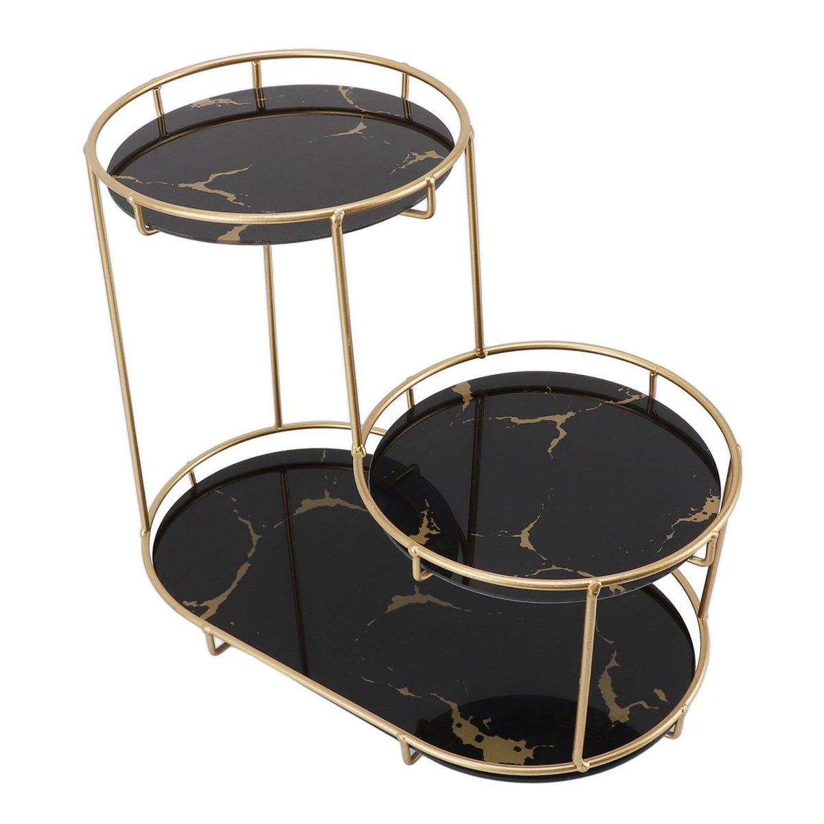 Makeup Shelf Organizer Iron Glass Stylish Modern Bathroom Countertop Organizer for Cosmetic Perfume Skincare Black Background