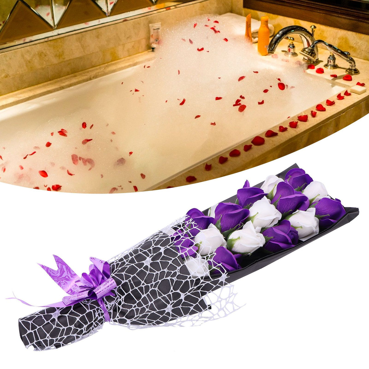 Soap Flower Innovative Artificial Rose Bouquet Gift Wedding Valentine's Day Festive Gift(Purple and White Box )