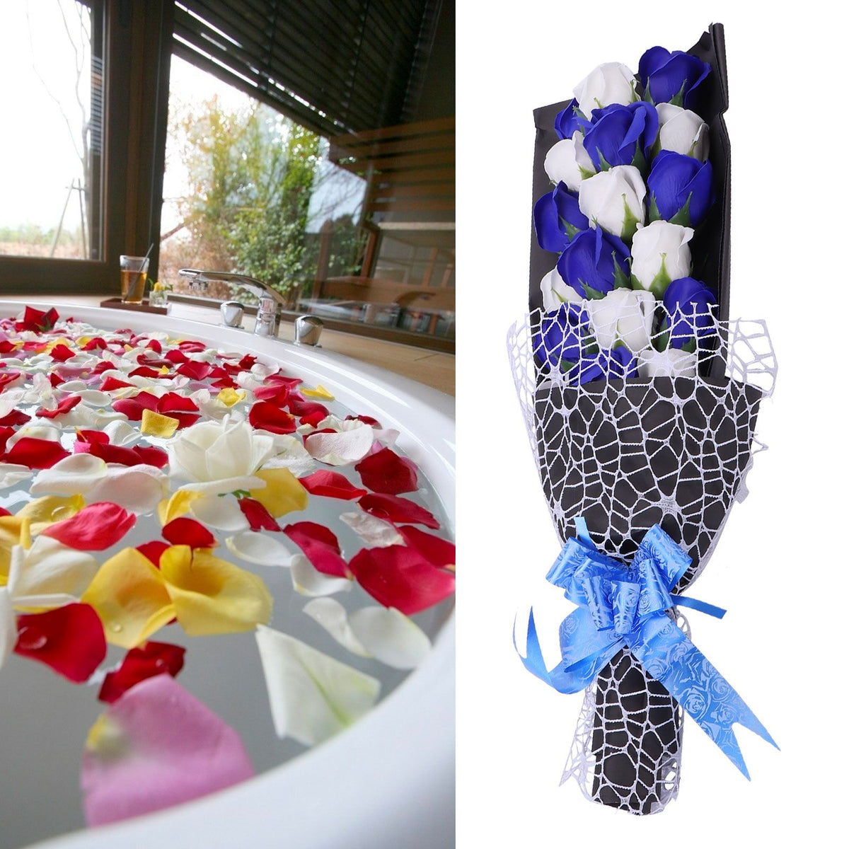 Soap Flower Innovative Artificial Rose Bouquet Gift Wedding Valentine's Day Festive Gift(Blue and White Box )