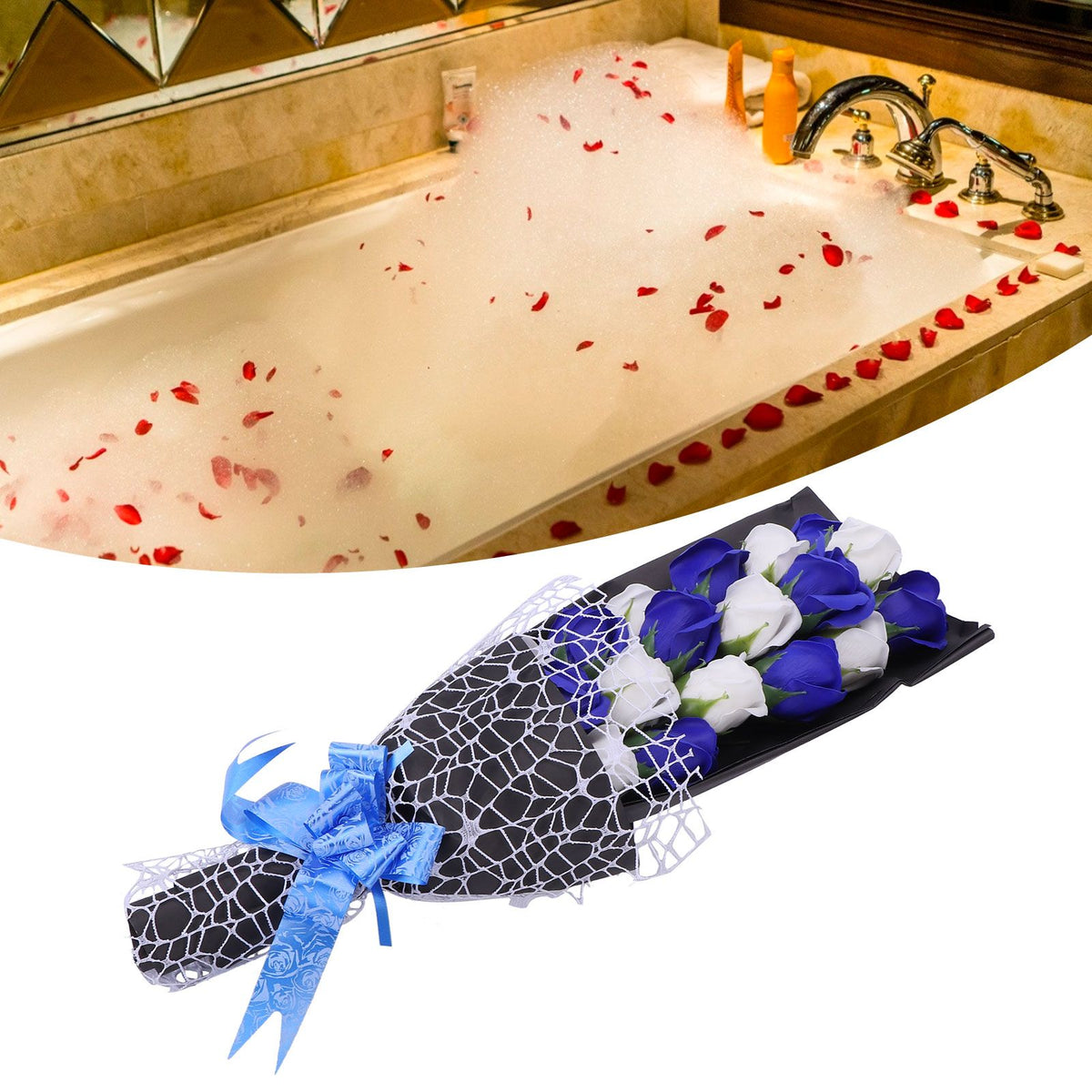 Soap Flower Innovative Artificial Rose Bouquet Gift Wedding Valentine's Day Festive Gift(Blue and White Box )