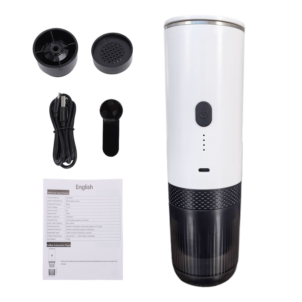 Portable Coffee Maker Grind Coffee and Capsules 2 in 1 Wireless Heating Coffee Machine with 20BAR Pressure Rechargeable for Home Outdoor Travel Office White