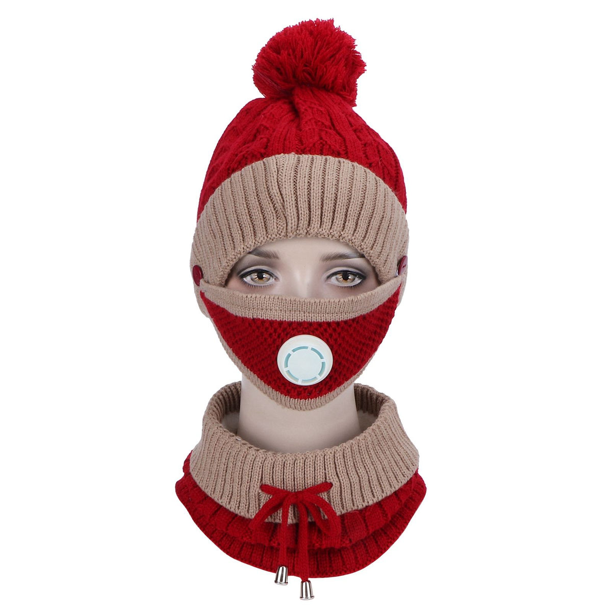 3Pcs set Women Knitted Hat Scarf MouthMuffle Neck Warm Winter Hat Clothes Accessoies(Red and Brown )