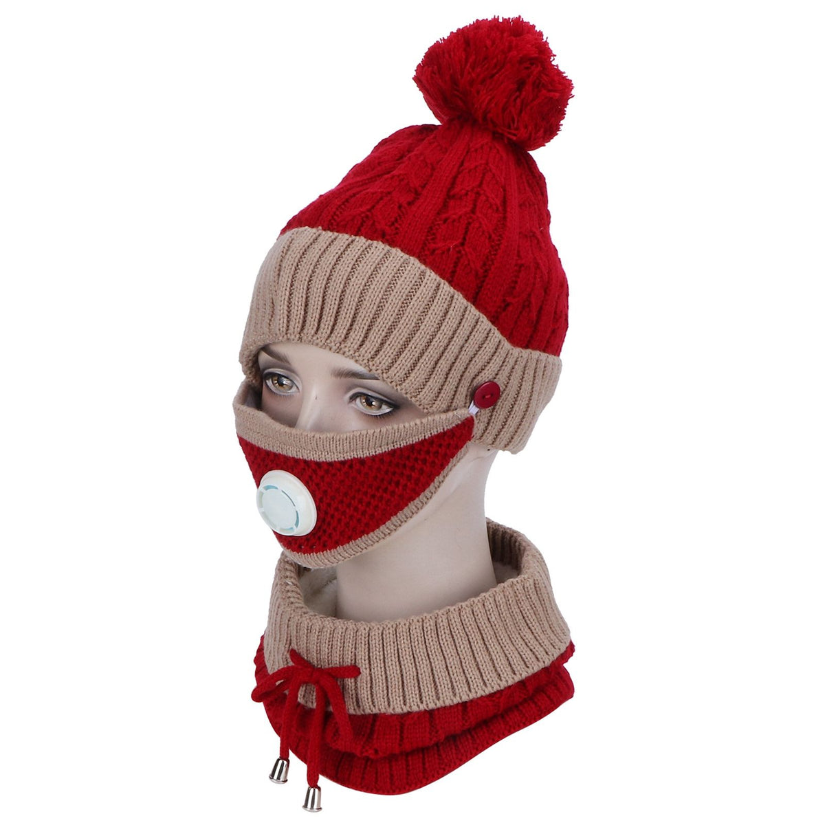 3Pcs set Women Knitted Hat Scarf MouthMuffle Neck Warm Winter Hat Clothes Accessoies(Red and Brown )