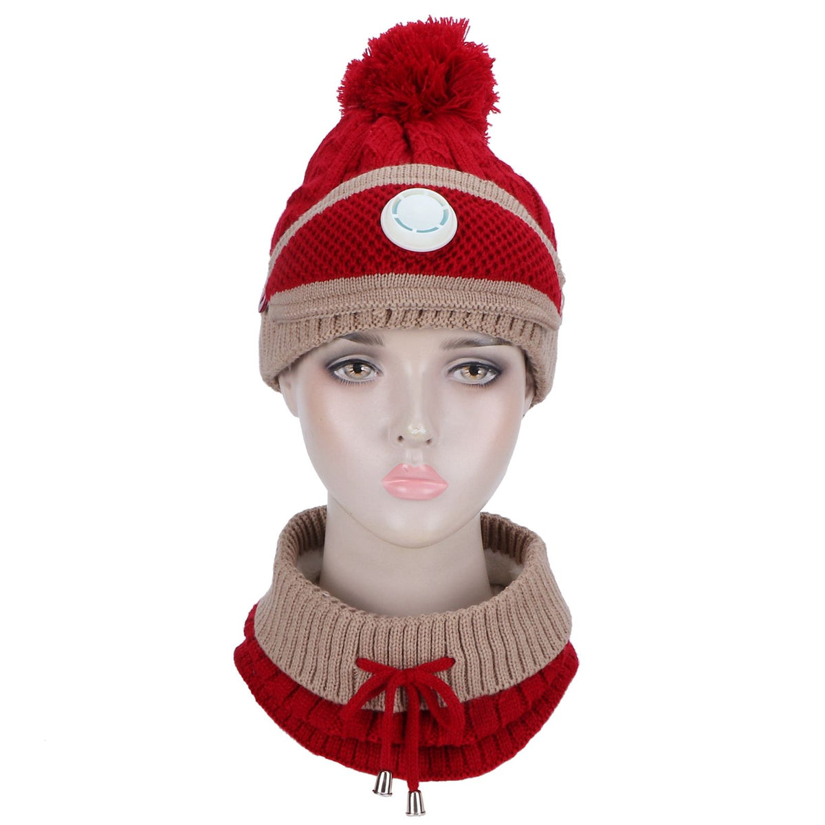 3Pcs set Women Knitted Hat Scarf MouthMuffle Neck Warm Winter Hat Clothes Accessoies(Red and Brown )