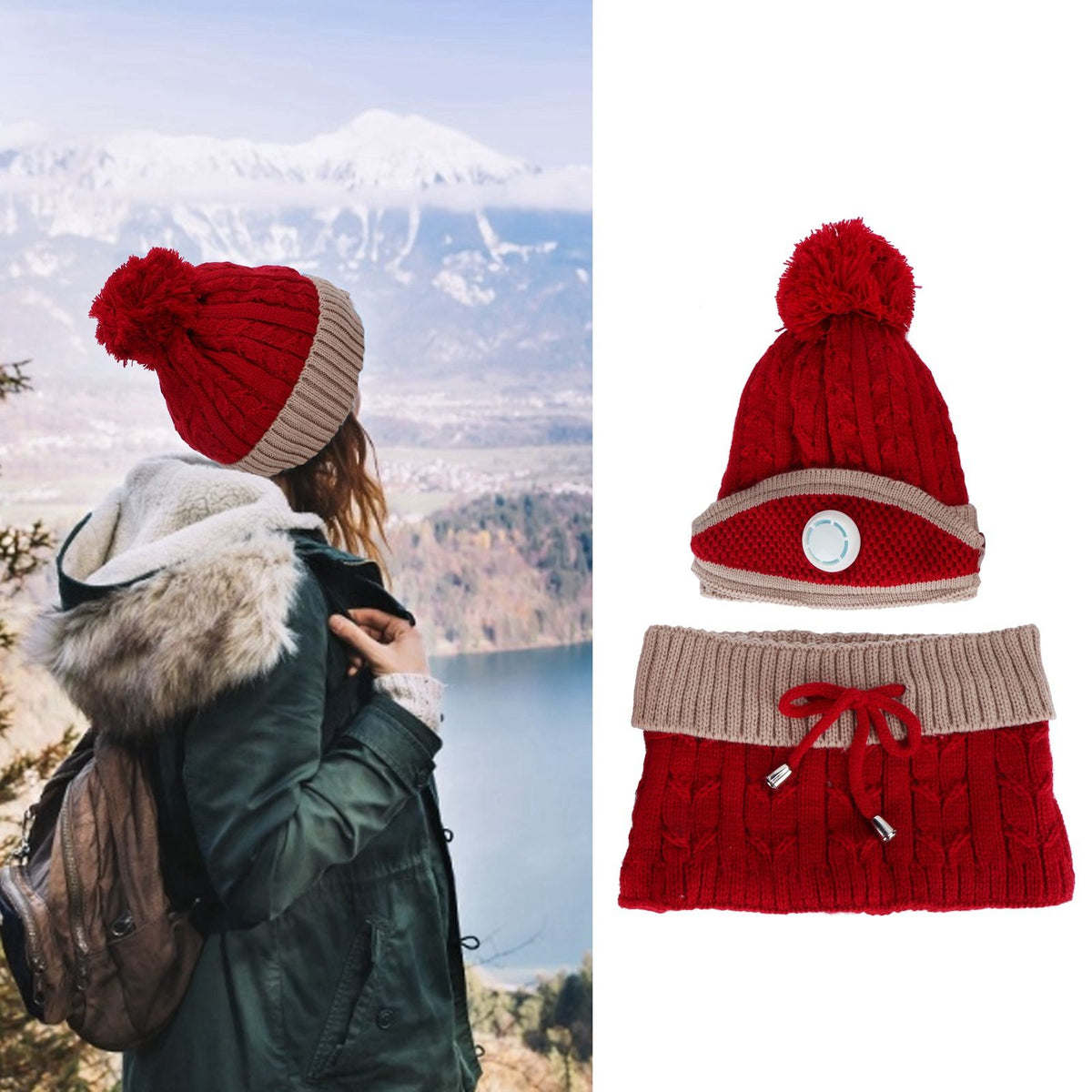 3Pcs set Women Knitted Hat Scarf MouthMuffle Neck Warm Winter Hat Clothes Accessoies(Red and Brown )