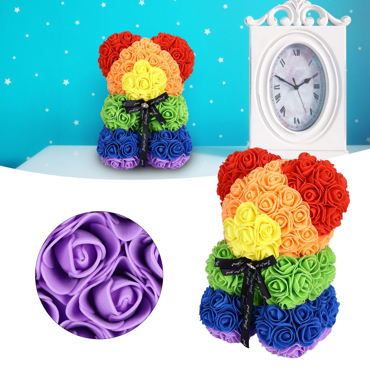 Flower Bear Ornament Colorful Artificial Fake Rose Gift for Valentines Day Anniversary