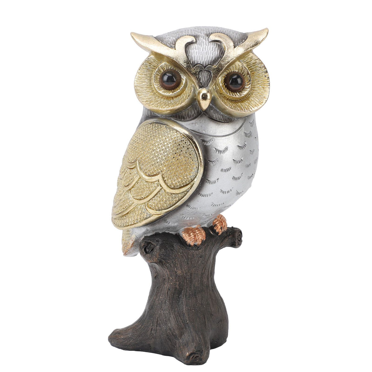 Owl Figurine Statue Resin Owl Sculpture Standing On Stump for Home Porch Patio Lawn Yard Decoration Housewarming Gifts Silver Belly