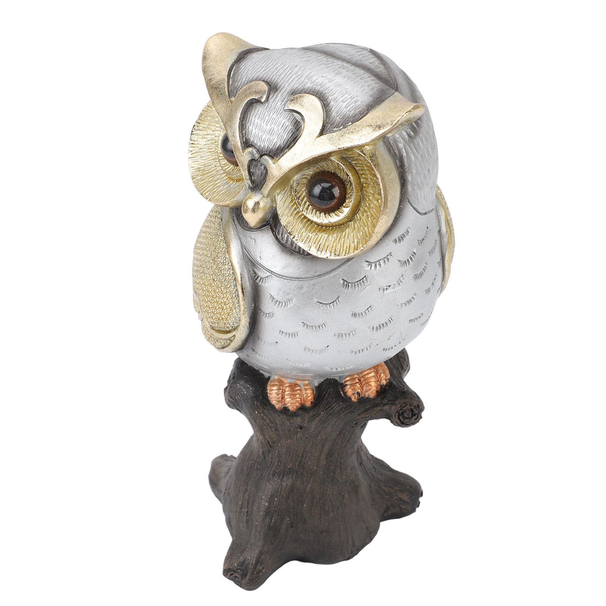 Owl Figurine Statue Resin Owl Sculpture Standing On Stump for Home Porch Patio Lawn Yard Decoration Housewarming Gifts Silver Belly