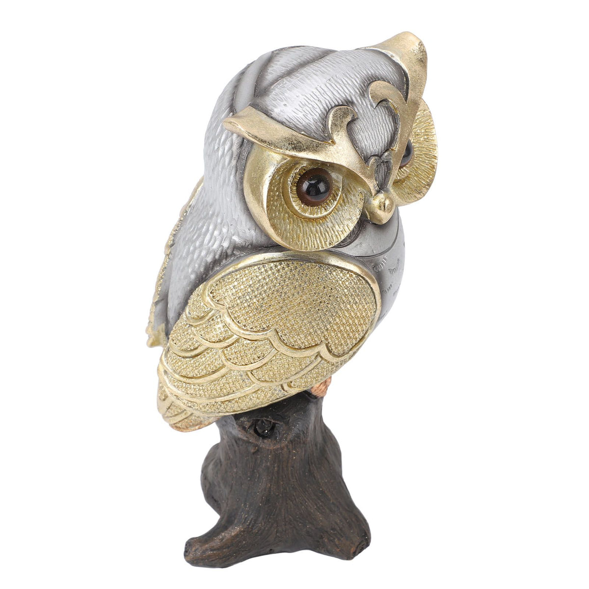 Owl Figurine Statue Resin Owl Sculpture Standing On Stump for Home Porch Patio Lawn Yard Decoration Housewarming Gifts Silver Belly
