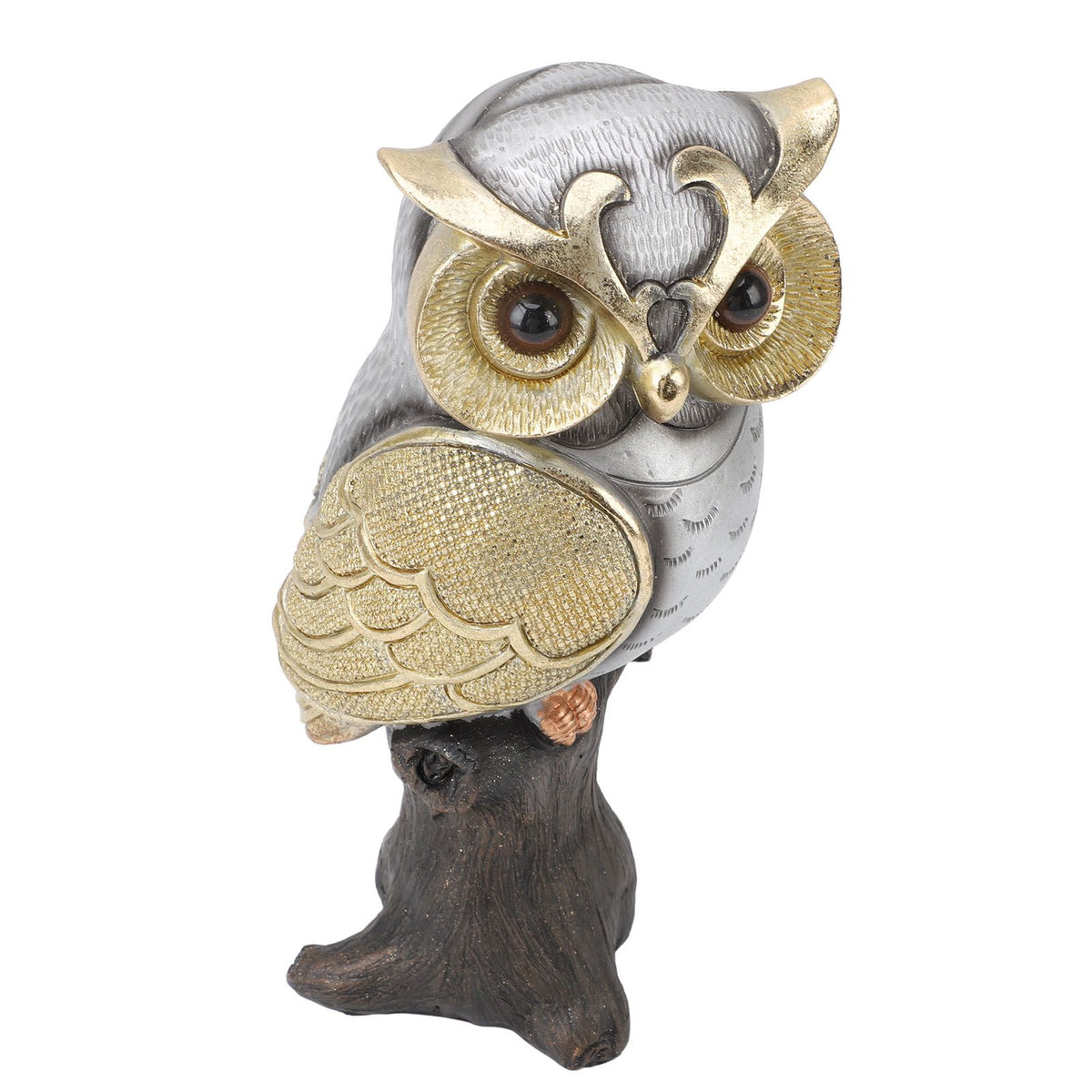 Owl Figurine Statue Resin Owl Sculpture Standing On Stump for Home Porch Patio Lawn Yard Decoration Housewarming Gifts Silver Belly