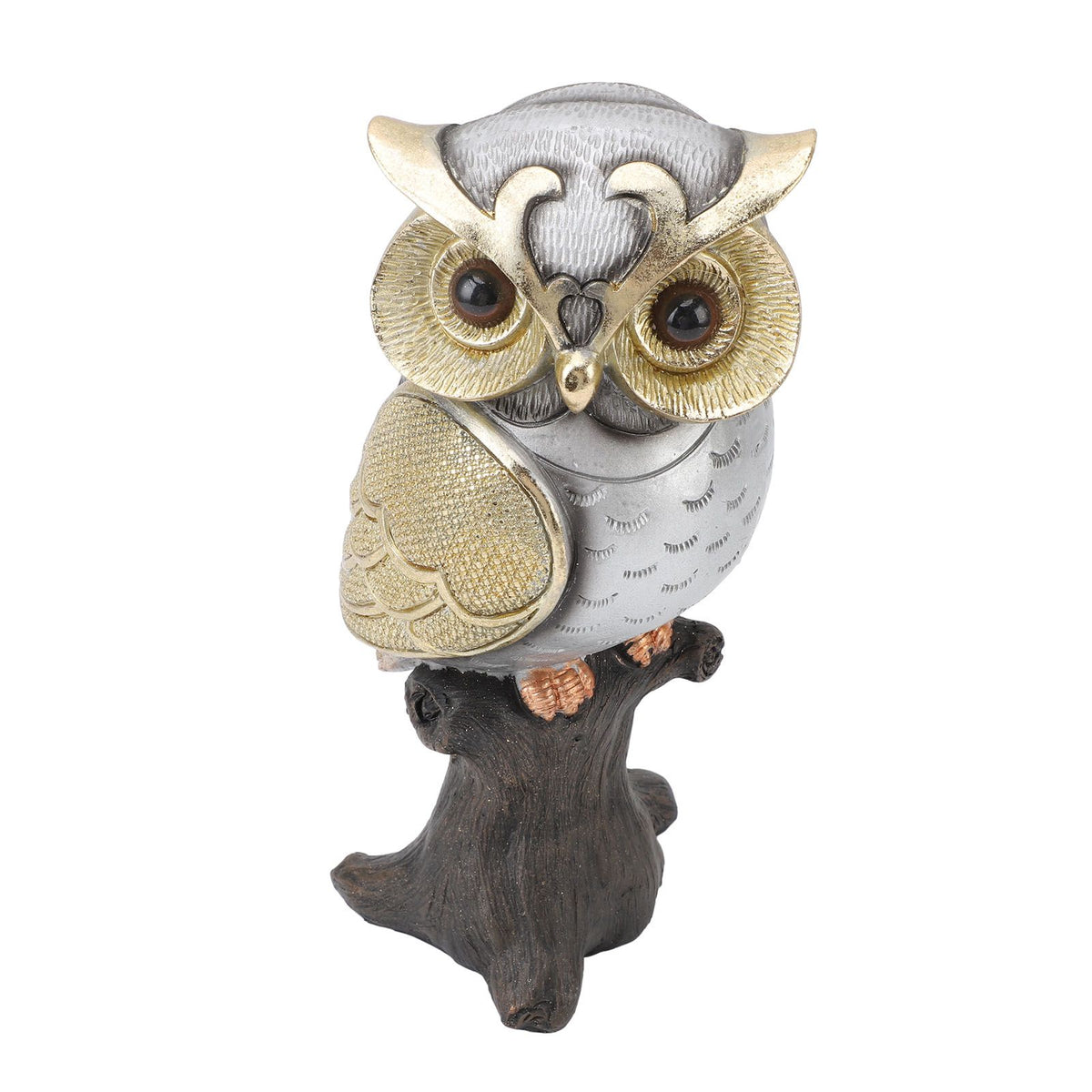 Owl Figurine Statue Resin Owl Sculpture Standing On Stump for Home Porch Patio Lawn Yard Decoration Housewarming Gifts Silver Belly
