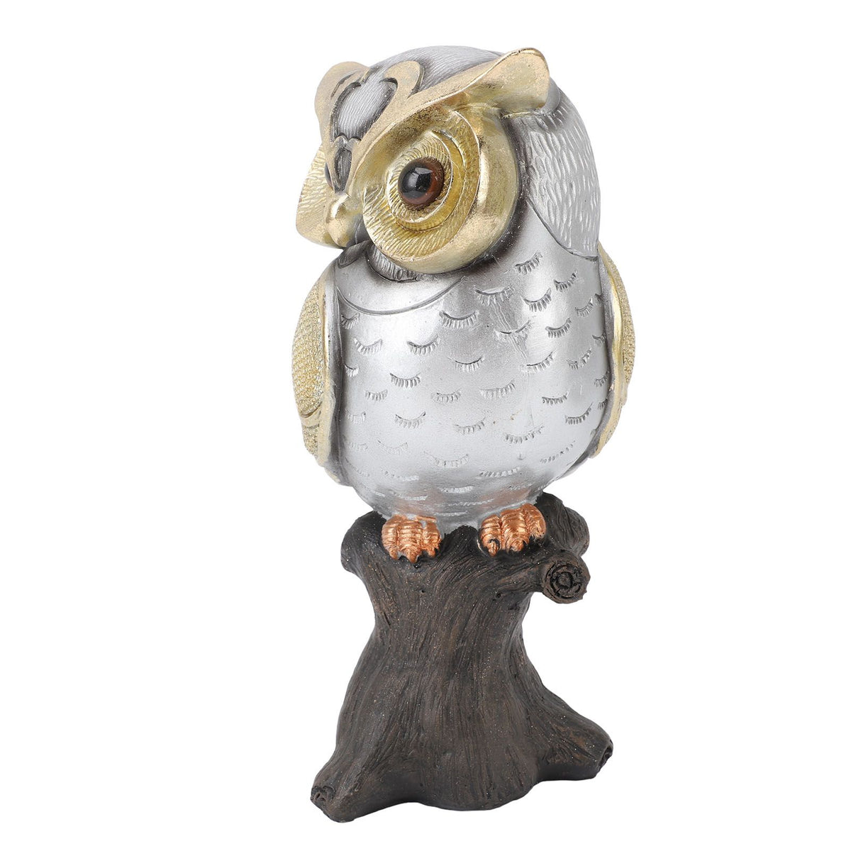 Owl Figurine Statue Resin Owl Sculpture Standing On Stump for Home Porch Patio Lawn Yard Decoration Housewarming Gifts Silver Belly