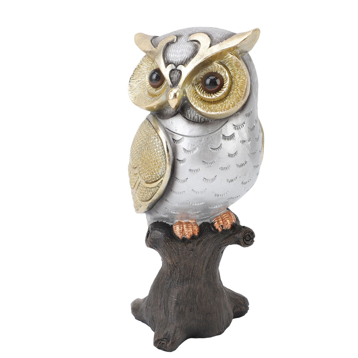 Owl Figurine Statue Resin Owl Sculpture Standing On Stump for Home Porch Patio Lawn Yard Decoration Housewarming Gifts Silver Belly