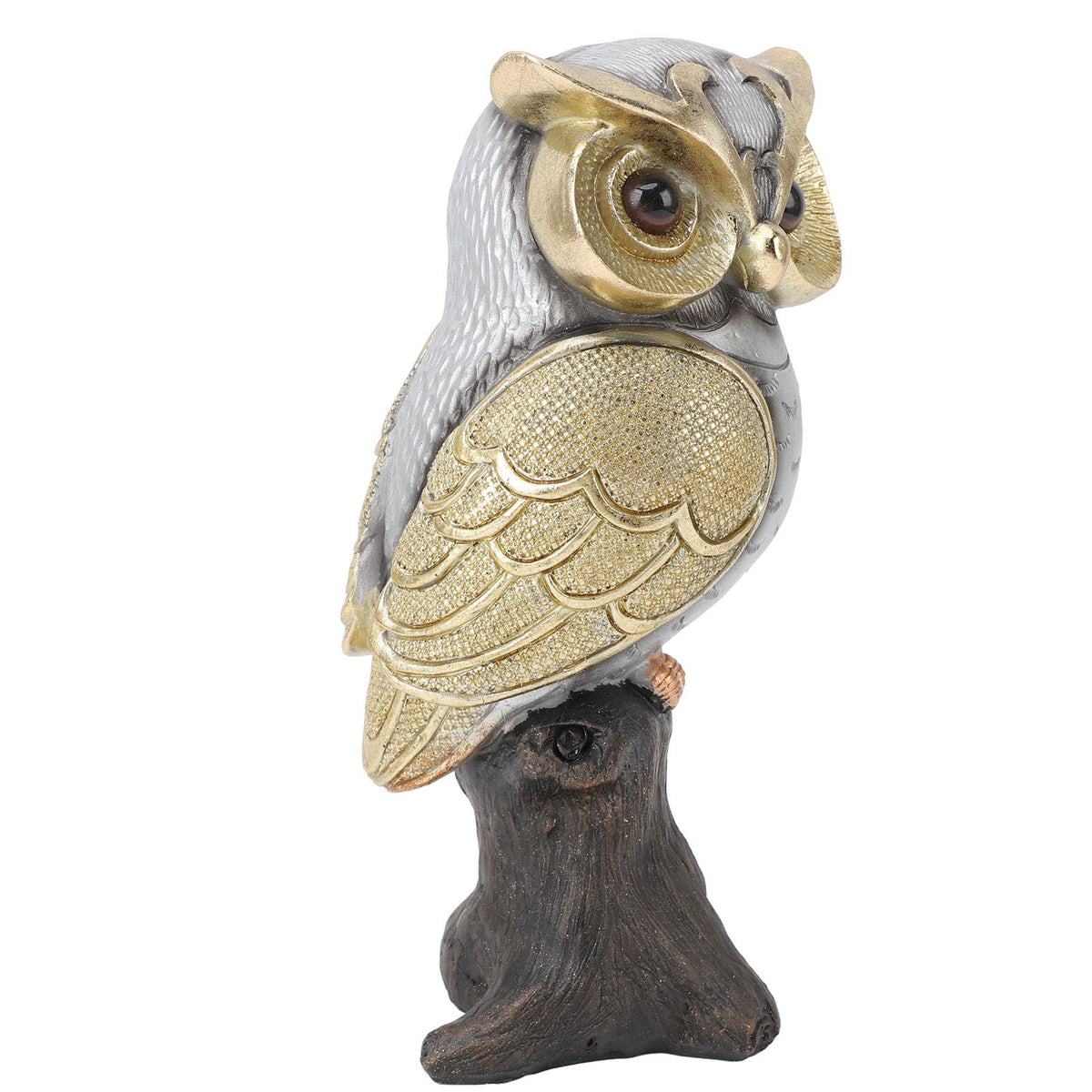 Owl Figurine Statue Resin Owl Sculpture Standing On Stump for Home Porch Patio Lawn Yard Decoration Housewarming Gifts Silver Belly
