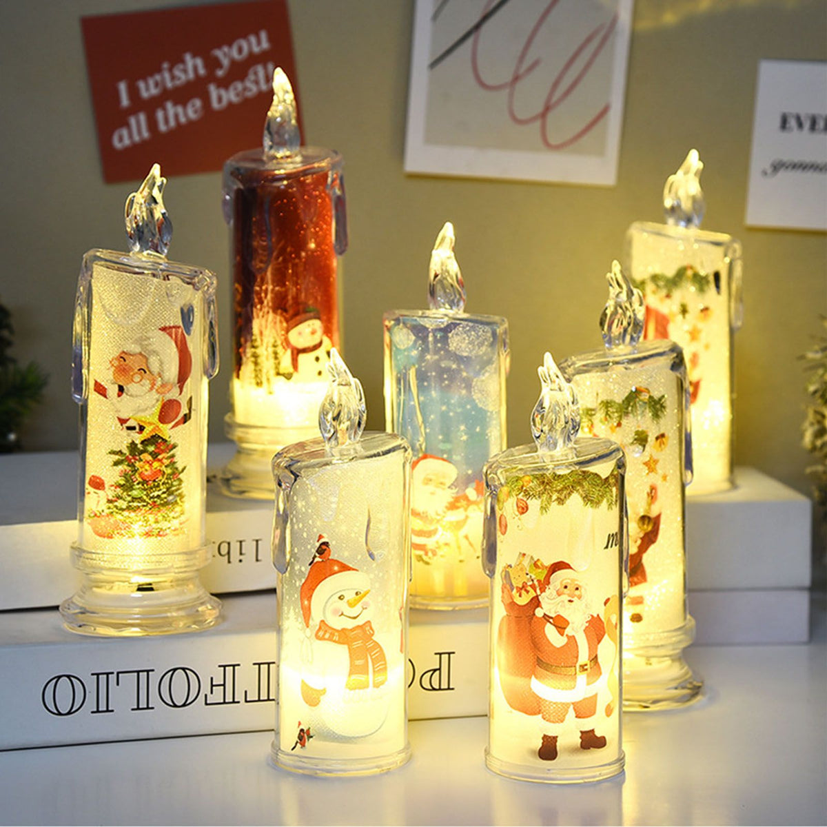 12PCS Candle Night Light Beautiful Print Pattern High Simulation Decorative LED Candle Bedside Lamp for Home Party Decor