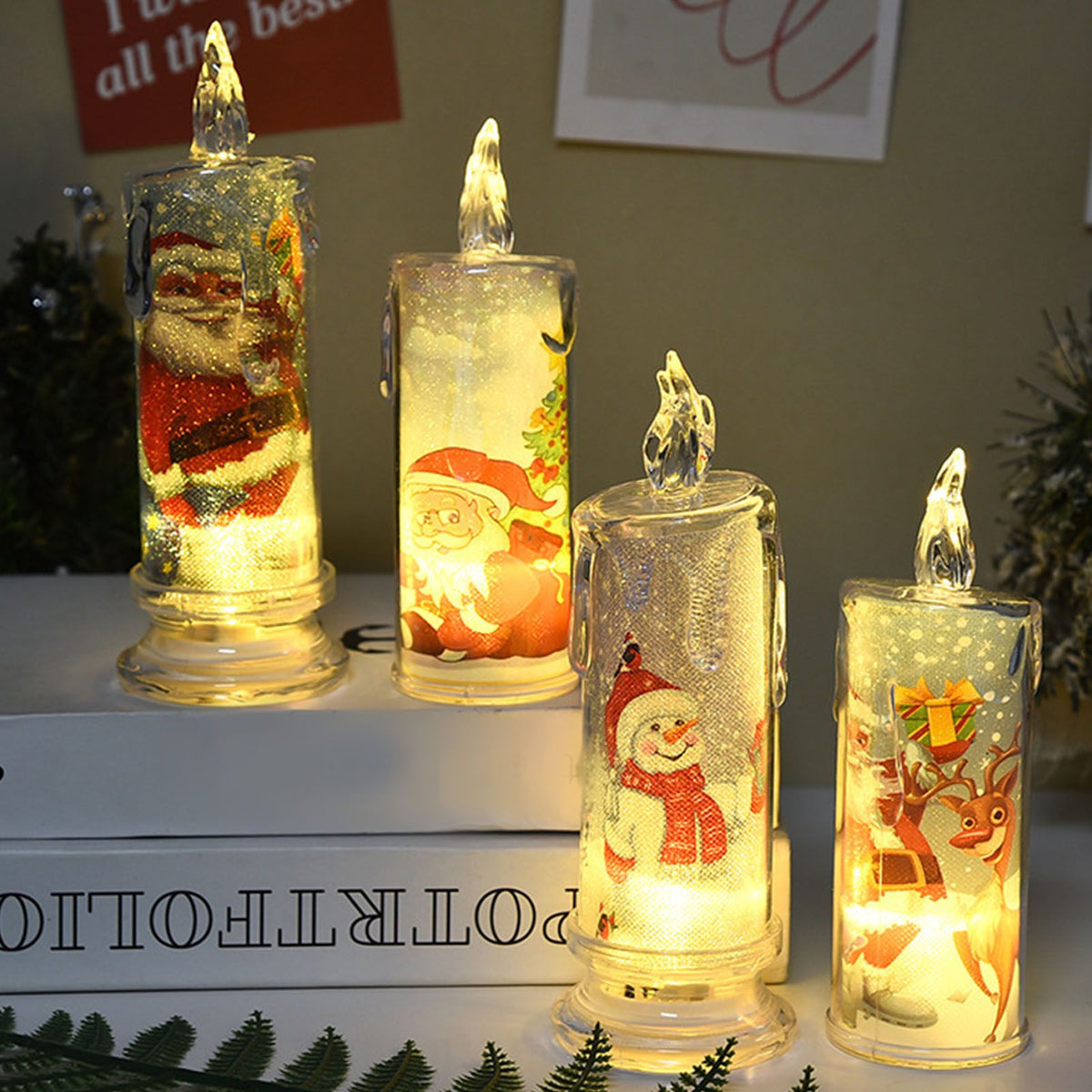 12PCS Candle Night Light Beautiful Print Pattern High Simulation Decorative LED Candle Bedside Lamp for Home Party Decor