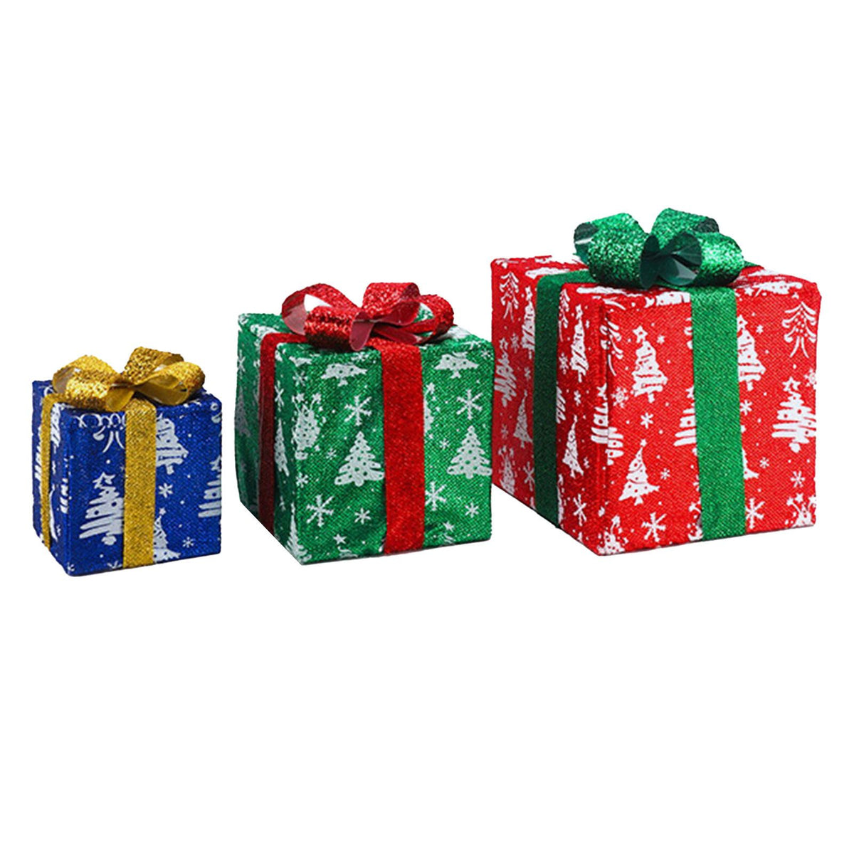 3PCS Xmas Lighted Gift Box Plastic Light Up Snowflake Present Box Xmas Tree Skirt Ornaments for Home Holiday Party Decorations