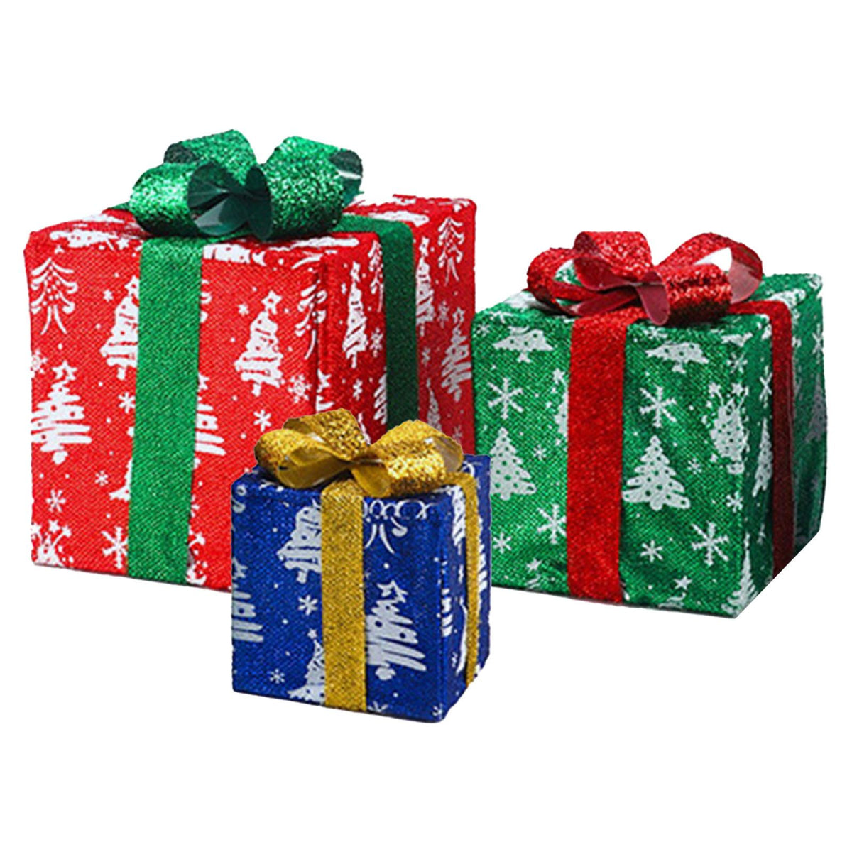 3PCS Xmas Lighted Gift Box Plastic Light Up Snowflake Present Box Xmas Tree Skirt Ornaments for Home Holiday Party Decorations