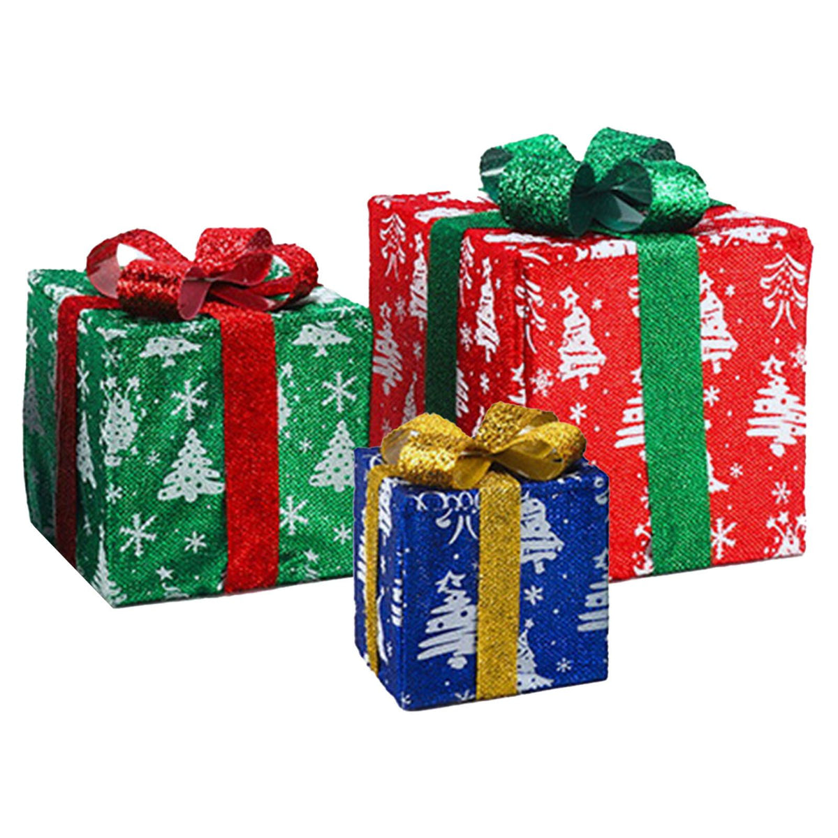 3PCS Xmas Lighted Gift Box Plastic Light Up Snowflake Present Box Xmas Tree Skirt Ornaments for Home Holiday Party Decorations