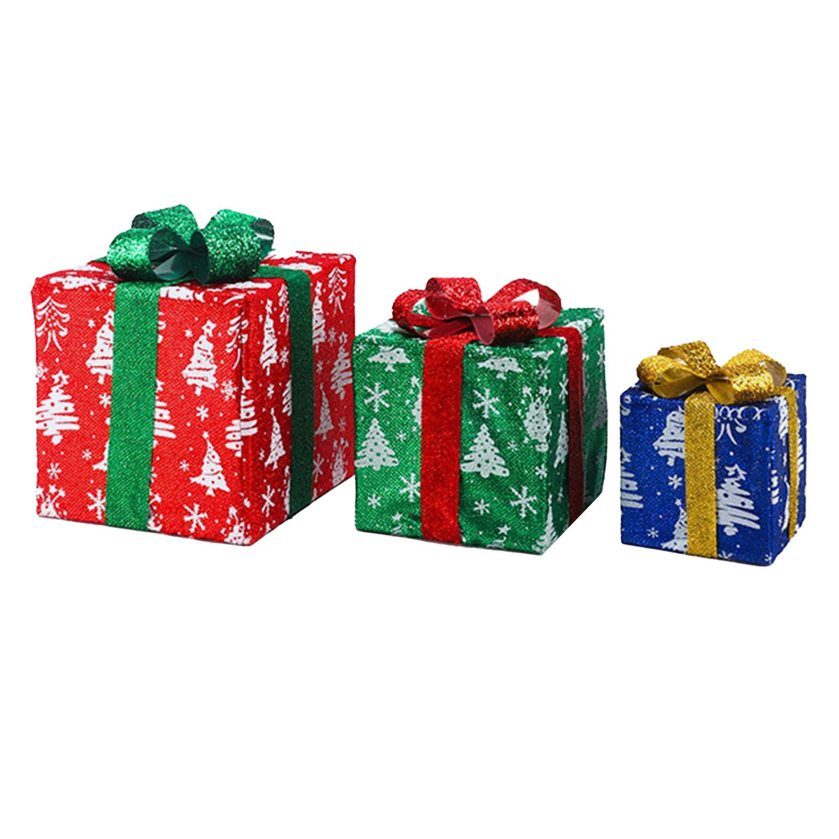 3PCS Xmas Lighted Gift Box Plastic Light Up Snowflake Present Box Xmas Tree Skirt Ornaments for Home Holiday Party Decorations