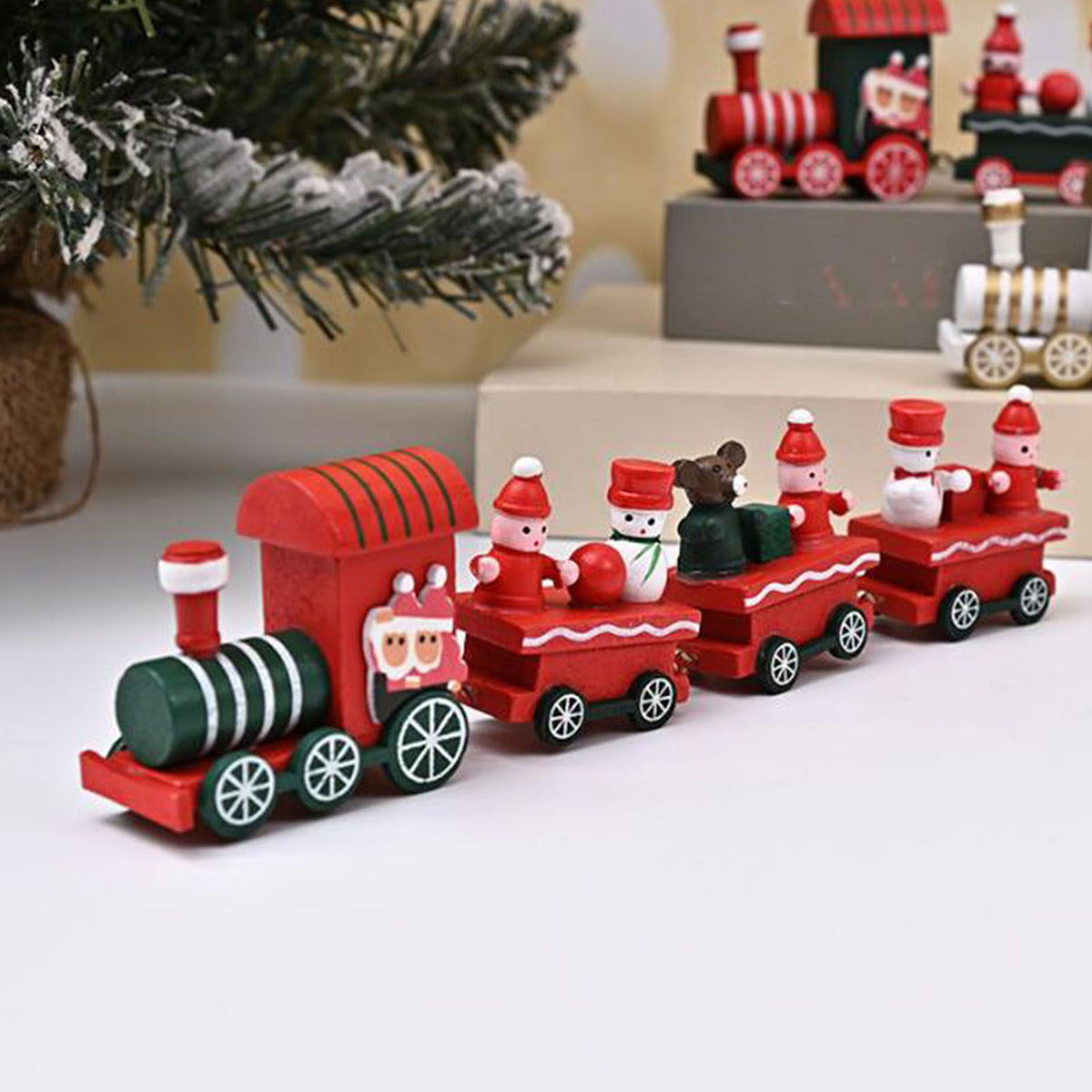Xmas Train Ornament Cute Festive Wooden Train Window Desktop Decoration for Holiday Red