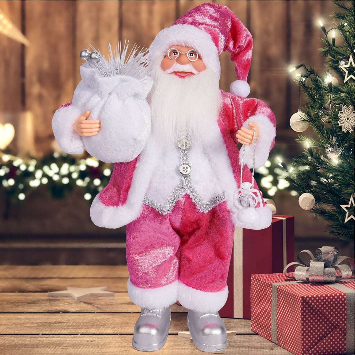 12.6 Inch Santa Figurine Doll Xmas Standing Santa Decoration for Room Fireplace Tabletop Centerpieces Window Display Props Figure Ornament Roseate