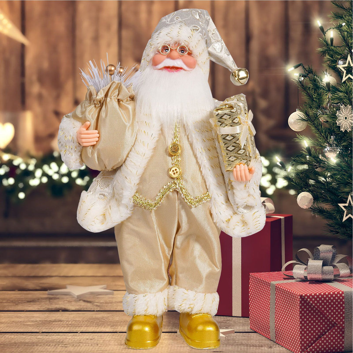 12.6 Inch Santa Figurine Doll Xmas Standing Santa Decoration for Room Fireplace Tabletop Centerpieces Window Display Props Figure Ornament Gold