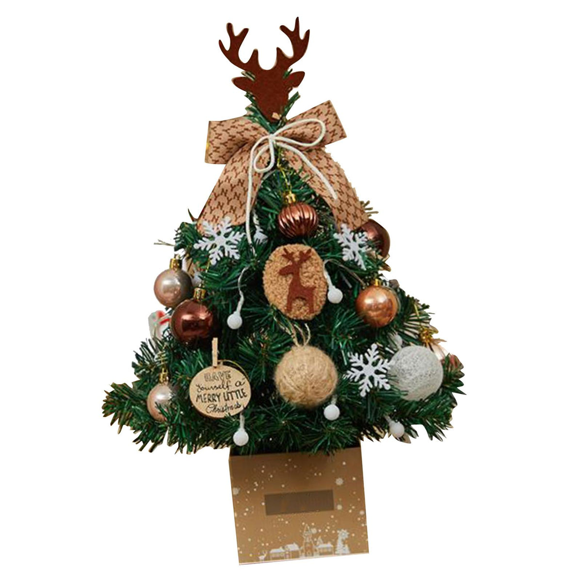 Mini Xmas Tree with Deer Horn Adjustable Light Strings Tabletop Small Destop Decor 50cm Khaki