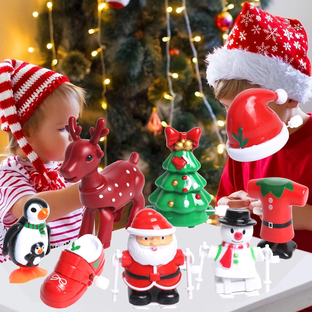 Holiday Wind Up Toy Cartoon Tree Hat Shoe Snowman Clockwork Toy Set Festival Decorative Ornaments for Kids