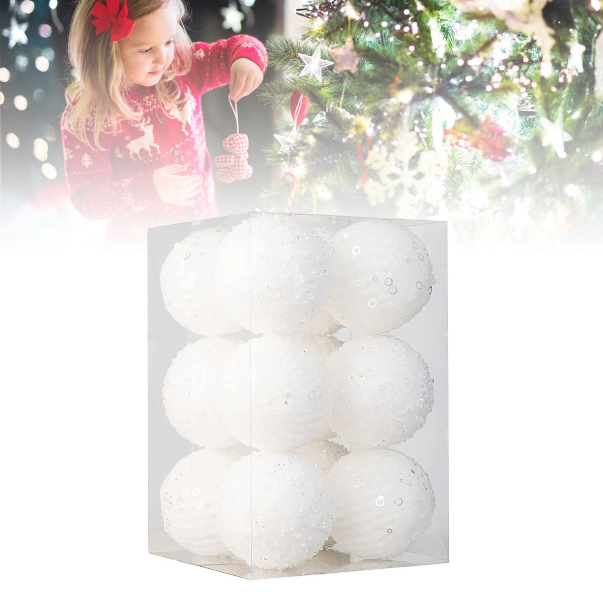 12pcs Xmas Ball Ornament Creative Lightweight Foam Xmas Tree Decorative Ball for Wedding Home Commercial Decoration White