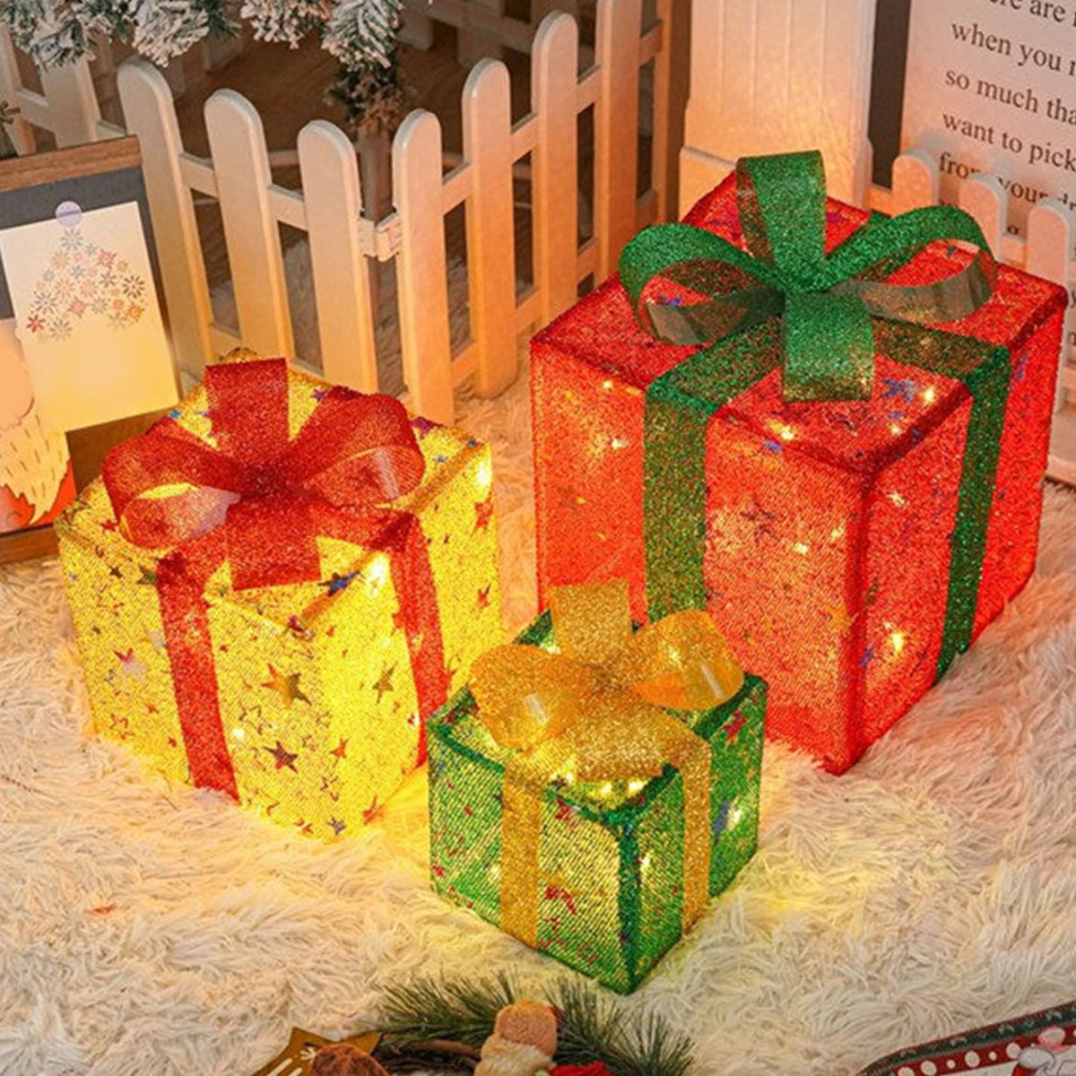 3PCS Light Up Present Boxes Folding 8 Blinking Mode Decorations Boxes Set with Remote Control for Home Pathway Holiday Party