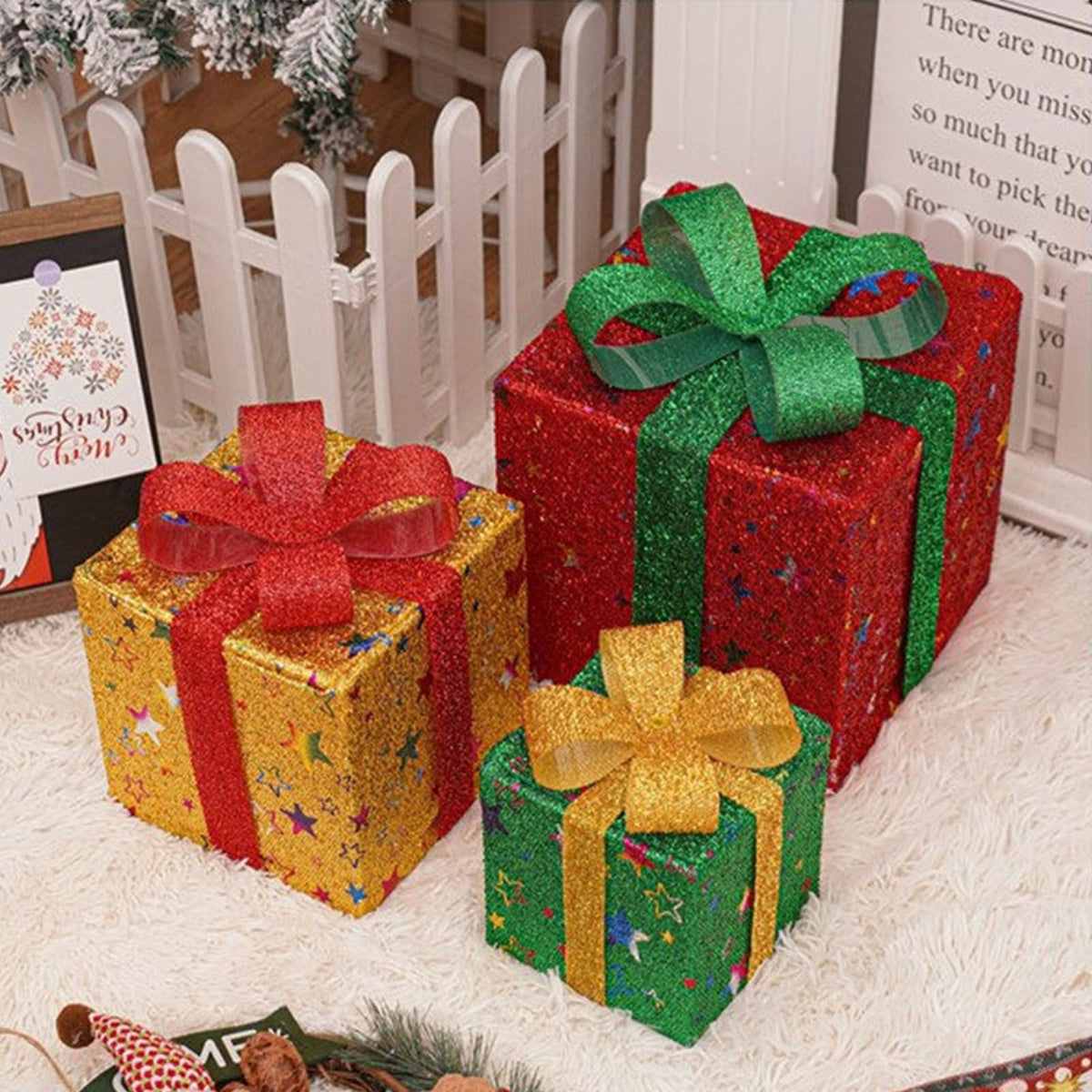 3PCS Light Up Present Boxes Folding 8 Blinking Mode Decorations Boxes Set with Remote Control for Home Pathway Holiday Party