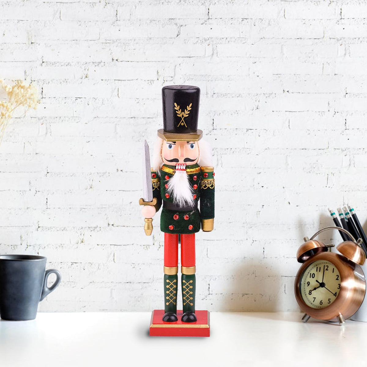 Nutcracker Figurine Exquisite Xmas Themed Wooden Nutcracker Ornament for Wine Cabinet Desk Green Sword Soldier