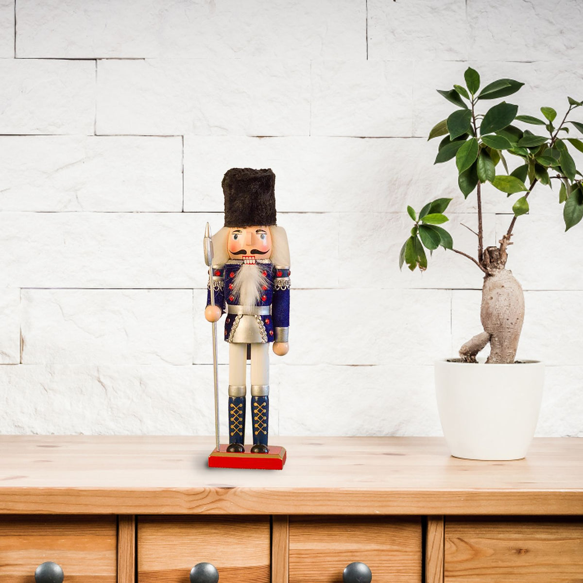 Nutcracker Figurine Exquisite Xmas Themed Wooden Nutcracker Ornament for Wine Cabinet Desk Blue Soldier with An Axe