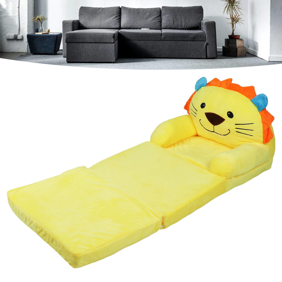 Kids Sofa Yellow Cartoon Animal Style Foldable Wide Handle Soft Breathable Toddler Chair for Reading Relaxing Sleeping