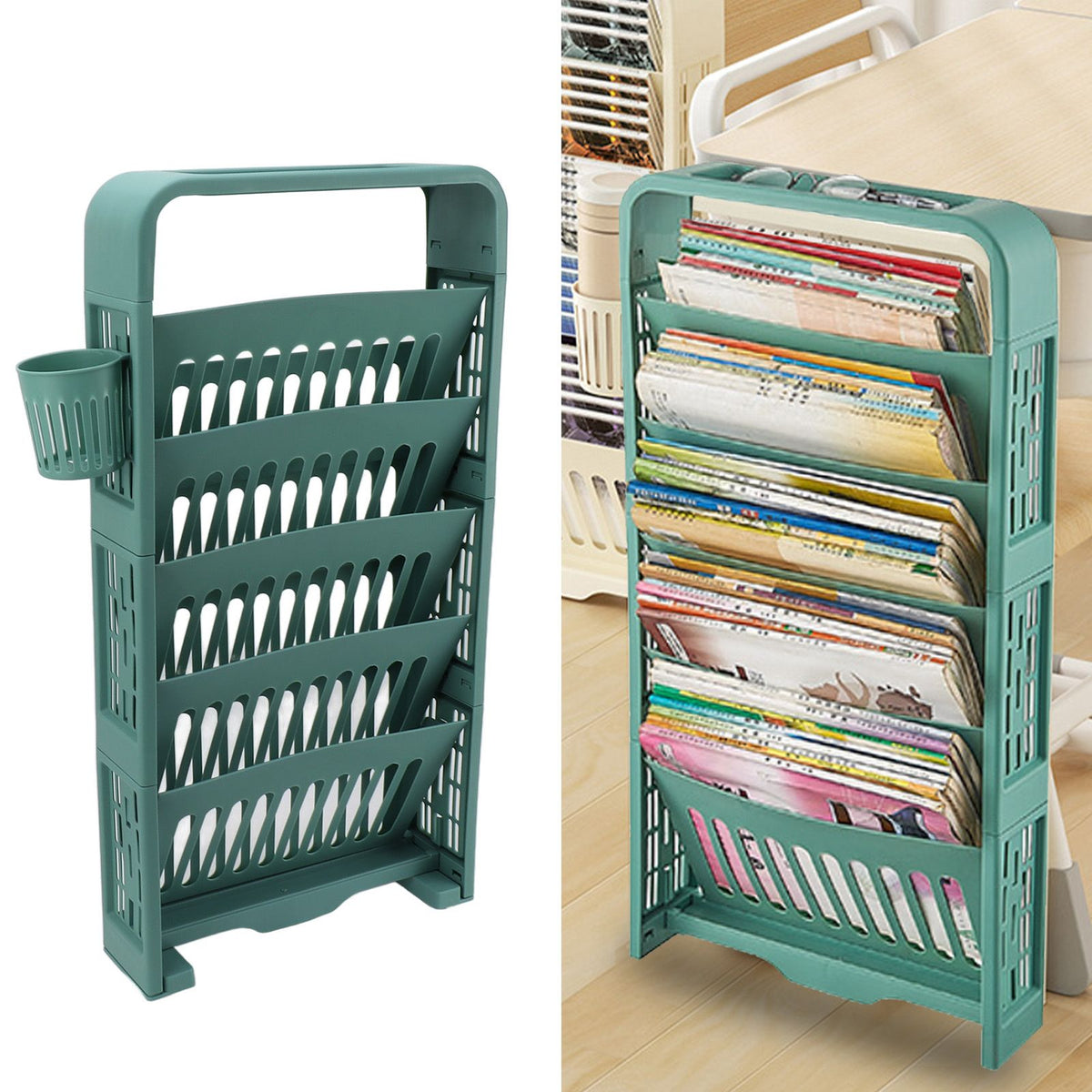Classroom Deskside Bookshelf Large Capacity 6 Tier Multifunctional Slim Library Reading Storage Rack with Rollers Green