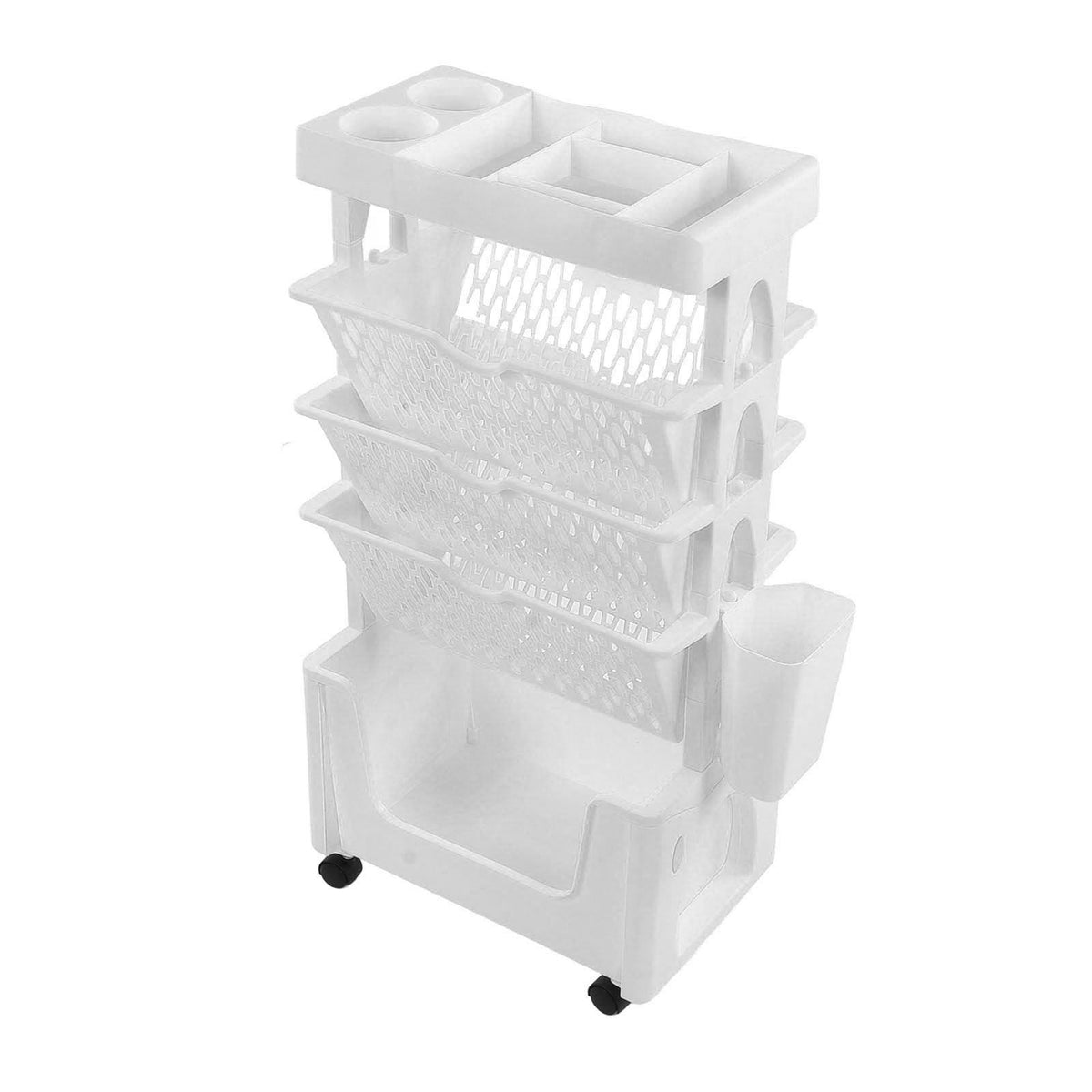 Movable Book Rack Large Capacity 5 Layer Thickened Rollers Multifunctional Movable Bookshelf for Bedroom Living Room Home School White