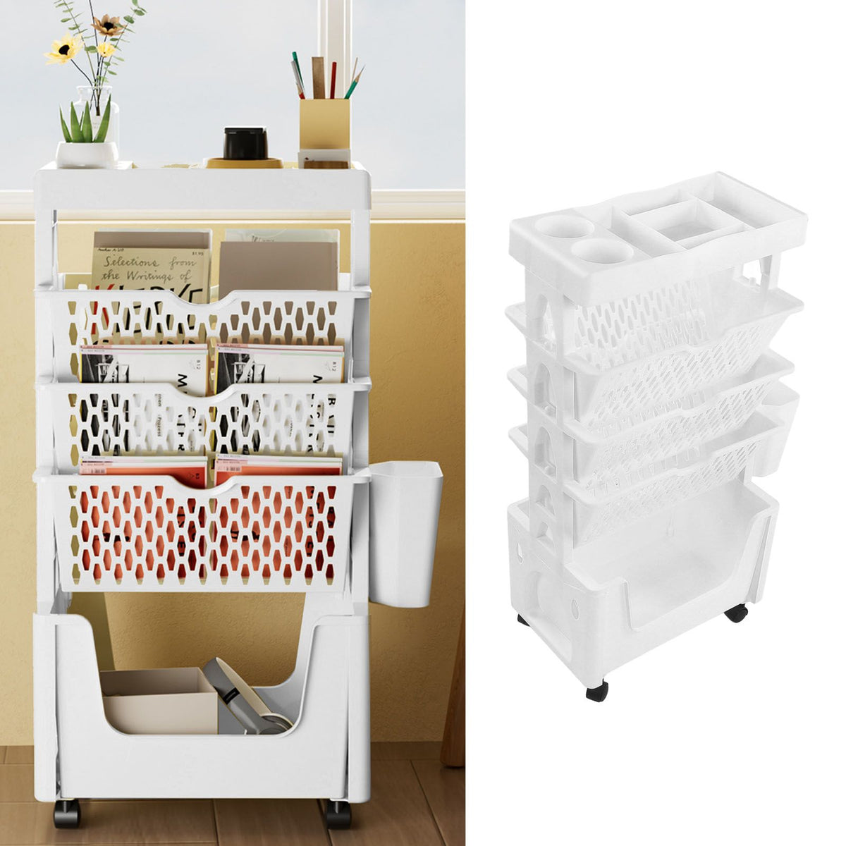 Movable Book Rack Large Capacity 5 Layer Thickened Rollers Multifunctional Movable Bookshelf for Bedroom Living Room Home School White