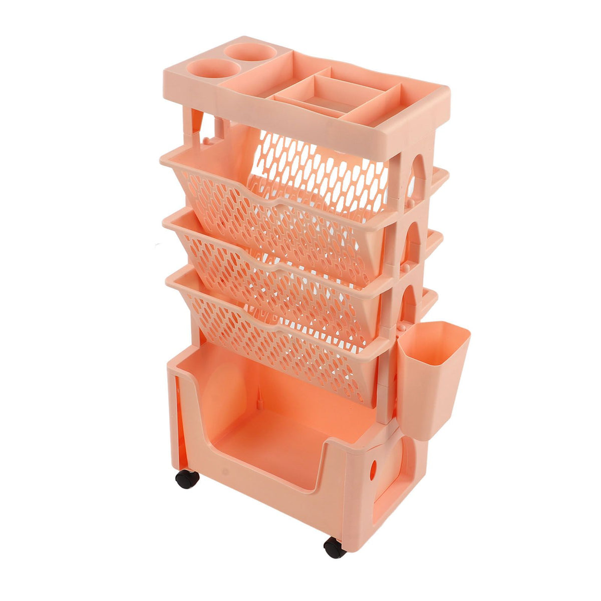 Movable Book Rack Large Capacity 5 Layer Thickened Rollers Multifunctional Movable Bookshelf for Bedroom Living Room Home School Pink
