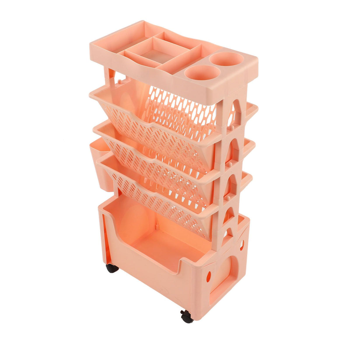 Movable Book Rack Large Capacity 5 Layer Thickened Rollers Multifunctional Movable Bookshelf for Bedroom Living Room Home School Pink
