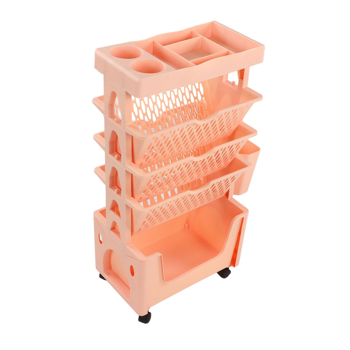 Movable Book Rack Large Capacity 5 Layer Thickened Rollers Multifunctional Movable Bookshelf for Bedroom Living Room Home School Pink