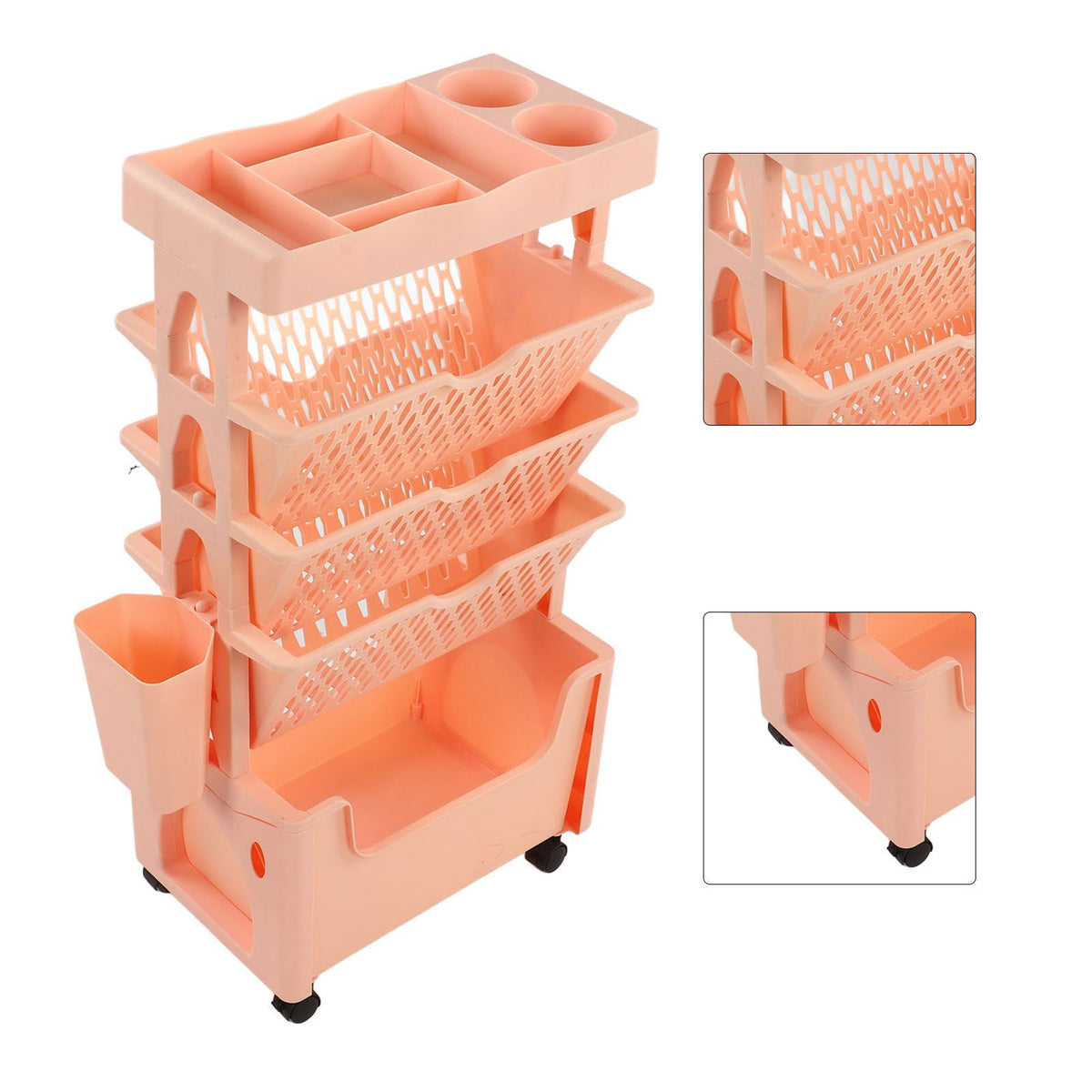 Movable Book Rack Large Capacity 5 Layer Thickened Rollers Multifunctional Movable Bookshelf for Bedroom Living Room Home School Pink