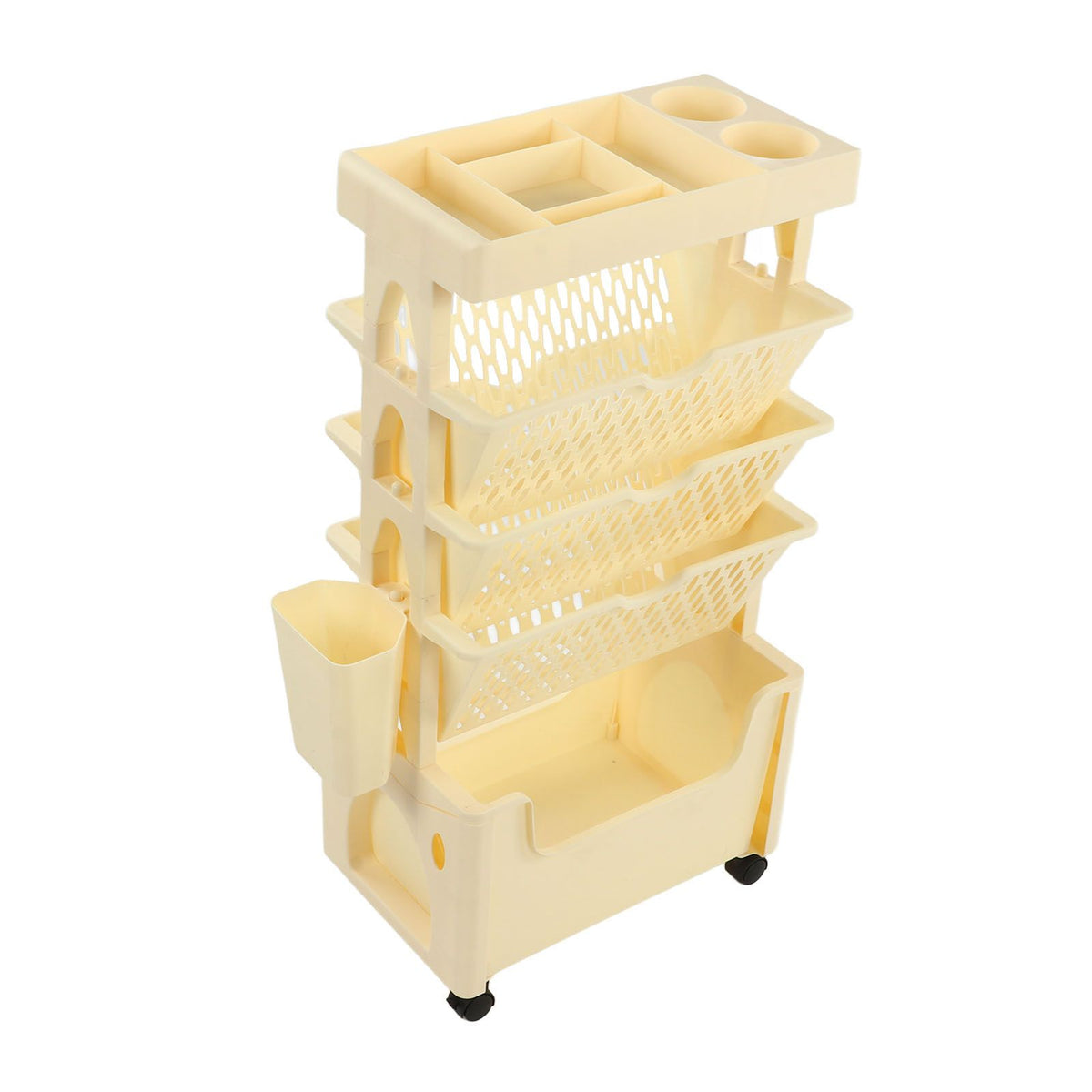 Movable Book Rack Large Capacity 5 Layer Thickened Rollers Multifunctional Movable Bookshelf for Bedroom Living Room Home School Beige